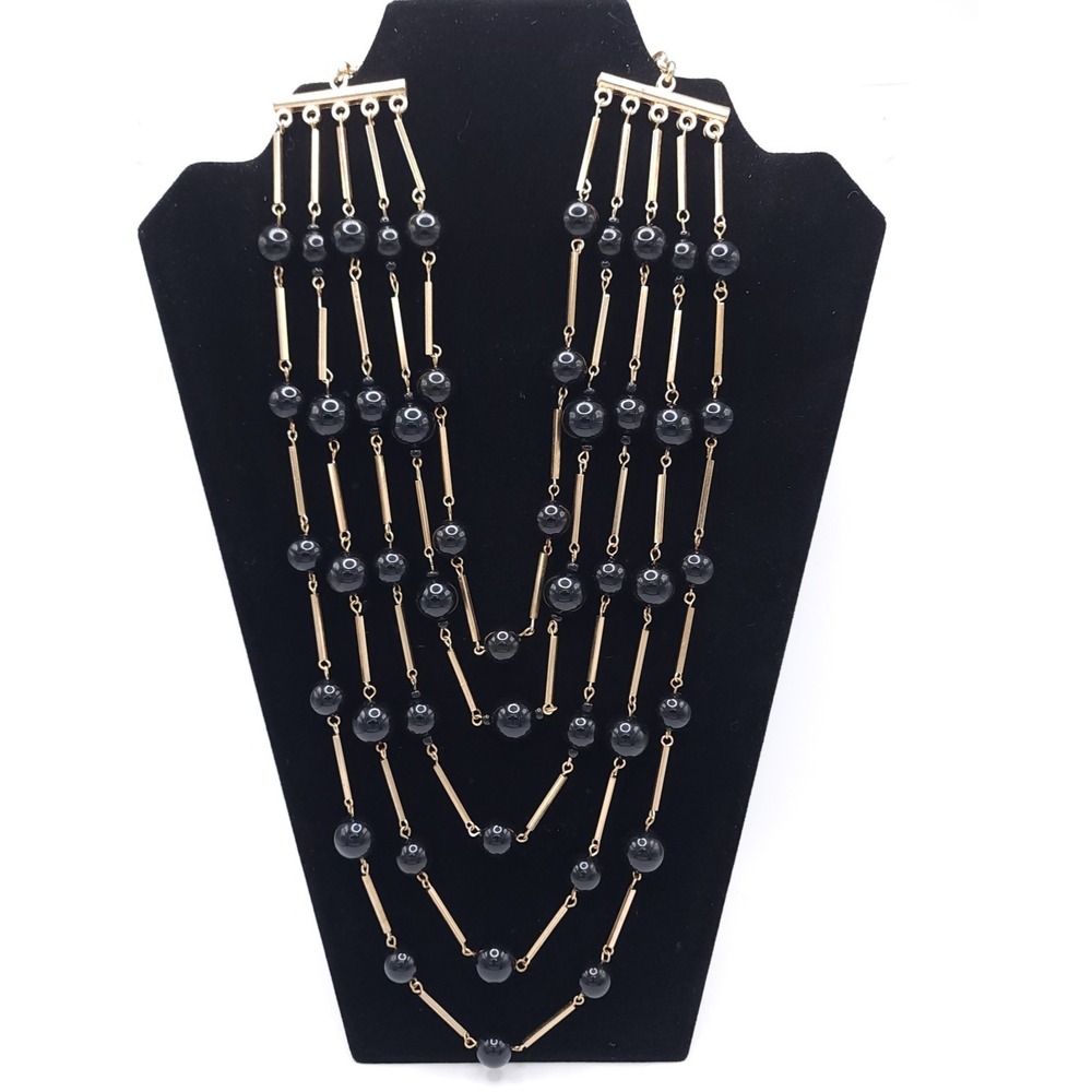 Erica Lyons 5 Strand Black Bead Necklace Gold Tone Statement Adjustable 17"